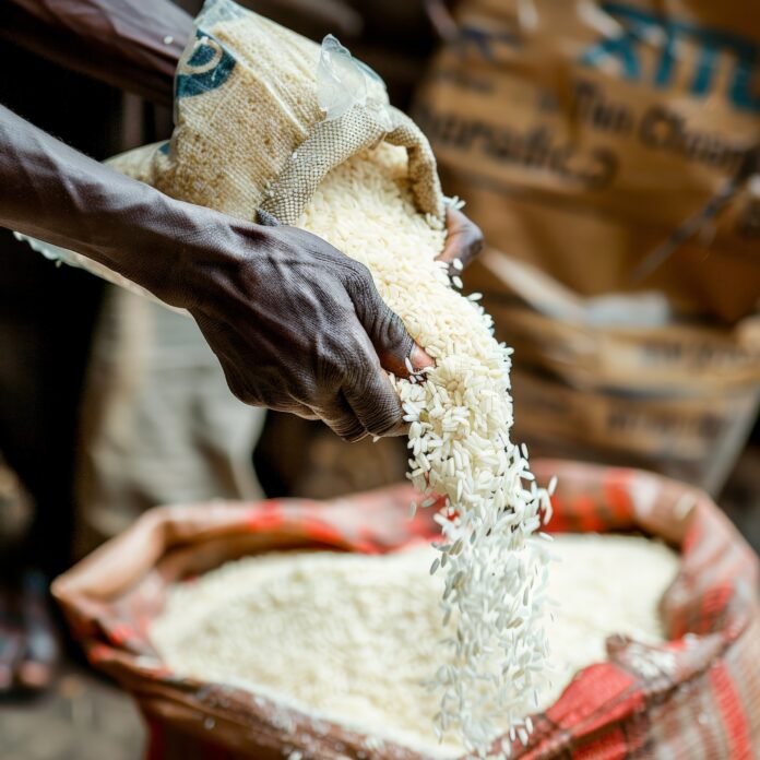 Close-up of a person pouring white rice from a sack into a large red bag. Focus on the grain texture and the person's hands.