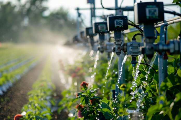 Efficient Irrigation System in Farmland at Sunset with Water Sprayers