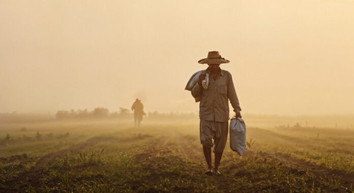 farmer-walking-through-foggy-field-sunrise