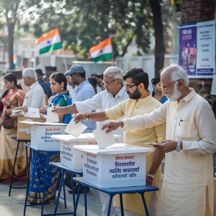 indian-voters-polling-station-men-women-traditional-attire-casting-ballots-outdoors-with